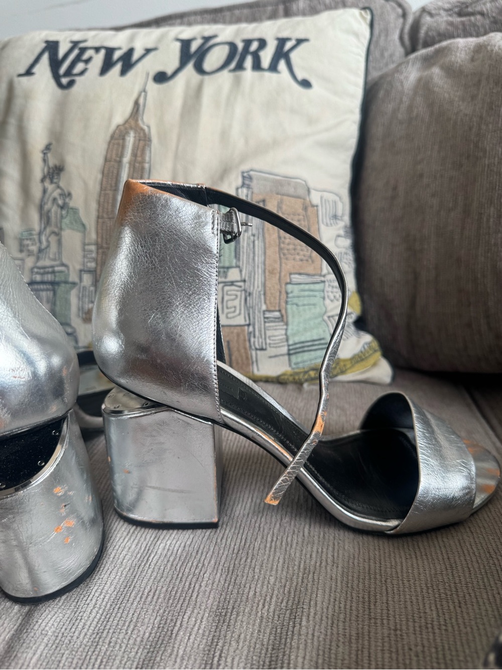 Alexander Wang Silver Metallic Block Heel Sandals with Ankle Strap Size 40